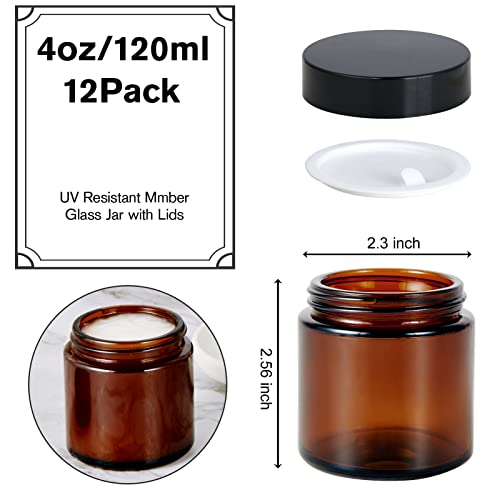 Hoa Kinh 4oz Glass Jars with Lids, 12 Pack Amber Empty Small Cosmetic jar | Airtight Leak Proof Travel Jars for Lotion Cream Lip Balm DIY Thick Glass Reusable Sample Containers with Lined Lids - color: Amber-Black Lid, size: 4oz-12pack