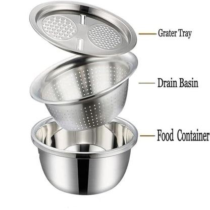 Germany Multifunctional Stainless Steel Basin,Multifunction Stainless Steel Basin with Grater 3 in 1 Vegetable Cutter for Kitchen, Vegetable Slicer Grater Strainer and Drain Basket(10.2)