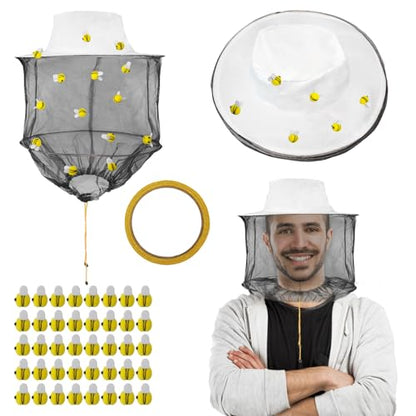 Beekeeper Costume Set Bee Keeper Hat with Veil 2PCS&40pcs Felt Bees 1 Roll Of Double-Sided Tape
