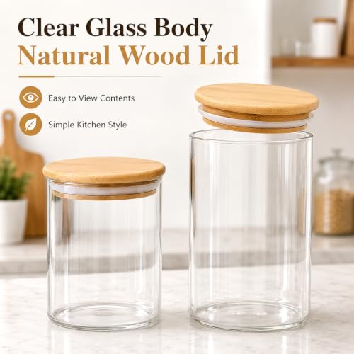 MOLFUJ 960 ML / 32 FL Oz Glass Storage Container with Wood Lid, Stackable Clear Decorative Organizer Bottle Canister Pantry Jar with Air Tight Wooden Lid for Food, Coffee, Candy, Sugar, Salt, Tea - size: 32 Oz / 960 ml