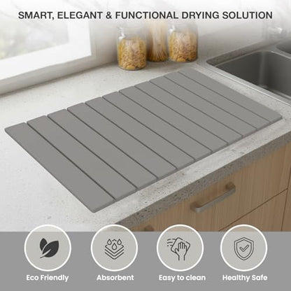 Large Stone Drying Mat for Kitchen Counter | 24"x16" | Fast Drying Collapsible Diatomaceous-Earth Mat | Super Absorbent Folding Mat for Dishes, Bottles, Glass, Heat-Resistant, Non-Slip (Light Gray) - color: Light Gray