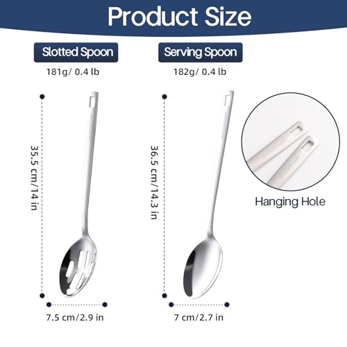 18/8 Stainless Steel Cooking Spoons Set - 2-Piece Solid Slotted Serving Spoon Cooking Utensils set for Pasta, Veggies, Salads (Dishwasher-Safe) - size: 18/8 Stainless Steel Salad Spoon Set of 2