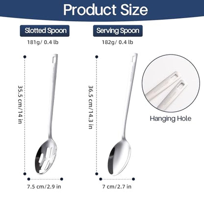 18/8 Stainless Steel Cooking Spoons Set - 2-Piece Solid Slotted Serving Spoon Cooking Utensils set for Pasta, Veggies, Salads (Dishwasher-Safe) - size: 18/8 Stainless Steel Salad Spoon Set of 2