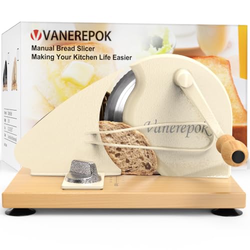 vanerepok Manual Bread Slicer Adjustable Thickness for Homemade Sourdough | Hand Crank Bread Cutter with Scale & Stable Suction Cups & Wood Base for Even Slicing Perfect Baking Gift for Home Bakers - color: Deep Cream
