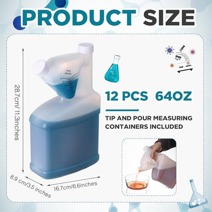 12 Pcs 64 oz Measure Container Tip and Pour Measuring Chemical Containers HDPE Plastic Measuring Bottle, up to 4oz Measure Capacity