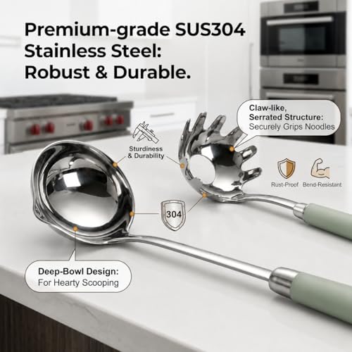 18/10 Stainless Steel Soup Ladle and Pasta Server Set, 2-Piece | Premium 18/10 stainless steel soup ladle and pasta server with ergonomic heat-resistant handles for everyday cooking. - color: Green