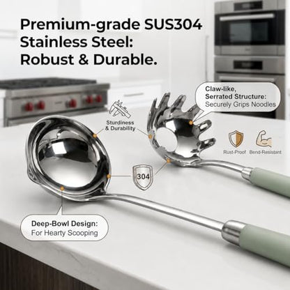18/10 Stainless Steel Soup Ladle and Pasta Server Set, 2-Piece | Premium 18/10 stainless steel soup ladle and pasta server with ergonomic heat-resistant handles for everyday cooking. - color: Green