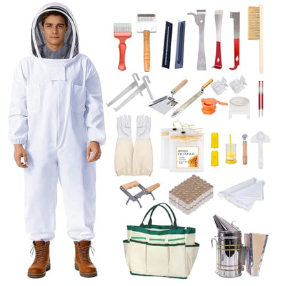 POLLIBEE 35Pcs Beekeeping Supplies Starter Kit with Bee Suit,Smoker & Frame Holder, Complete Bee Hive Tools Set with Oxford Bag for Beginner Beekeepers Men Women (XL)