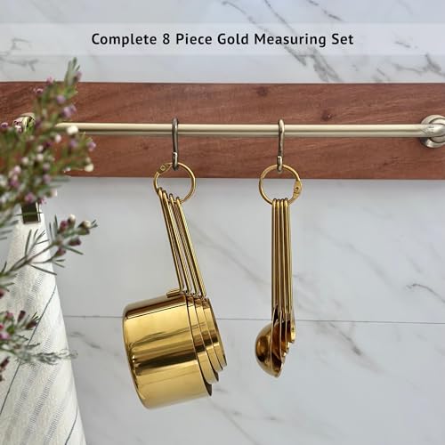Gold Measuring Cups and Spoons Set, Stainless Steel Measuring Cups, 8 Piece Gold Kitchen Measuring Set, Engraved Measurements, Durable Nesting Design - color: Gold
