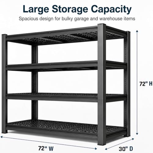 Garage Shelving Unit 72 W x 30 D x 72 H, 4 Tier Metal Storage Shelves, Upgraded Steel Structure, 2500 LBS Rack for Basement, Warehouse, Pantry - size: 72W x 30"D x 72H