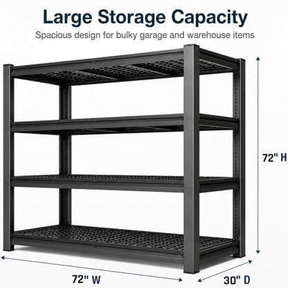 Garage Shelving Unit 72 W x 30 D x 72 H, 4 Tier Metal Storage Shelves, Upgraded Steel Structure, 2500 LBS Rack for Basement, Warehouse, Pantry - size: 72W x 30"D x 72H