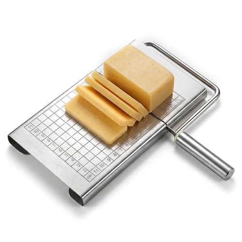 Wire Cheese Slicer & Cutter for Block Cheese & Butter — Stainless Steel Blade with Measuring Grid for Adjustable Thickness, No Wire Replacement Needed, Dishwasher Safe
