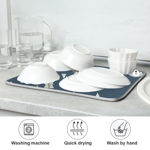Winter Raccoon Tree Blue Dish Drying Mat for Kitchen Counter Super Absorbent Draining Mat with Non-slip Backed Dish Drying Pad for Countertops Sinks Draining Racks Dish Bottles Cups Bowl