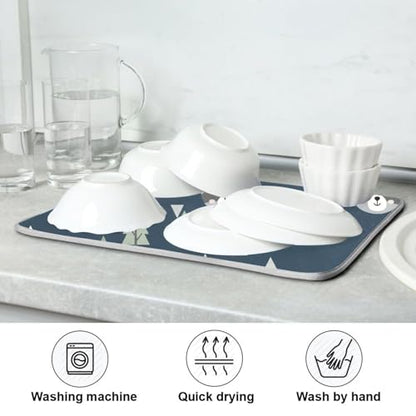 Winter Raccoon Tree Blue Dish Drying Mat for Kitchen Counter Super Absorbent Draining Mat with Non-slip Backed Dish Drying Pad for Countertops Sinks Draining Racks Dish Bottles Cups Bowl