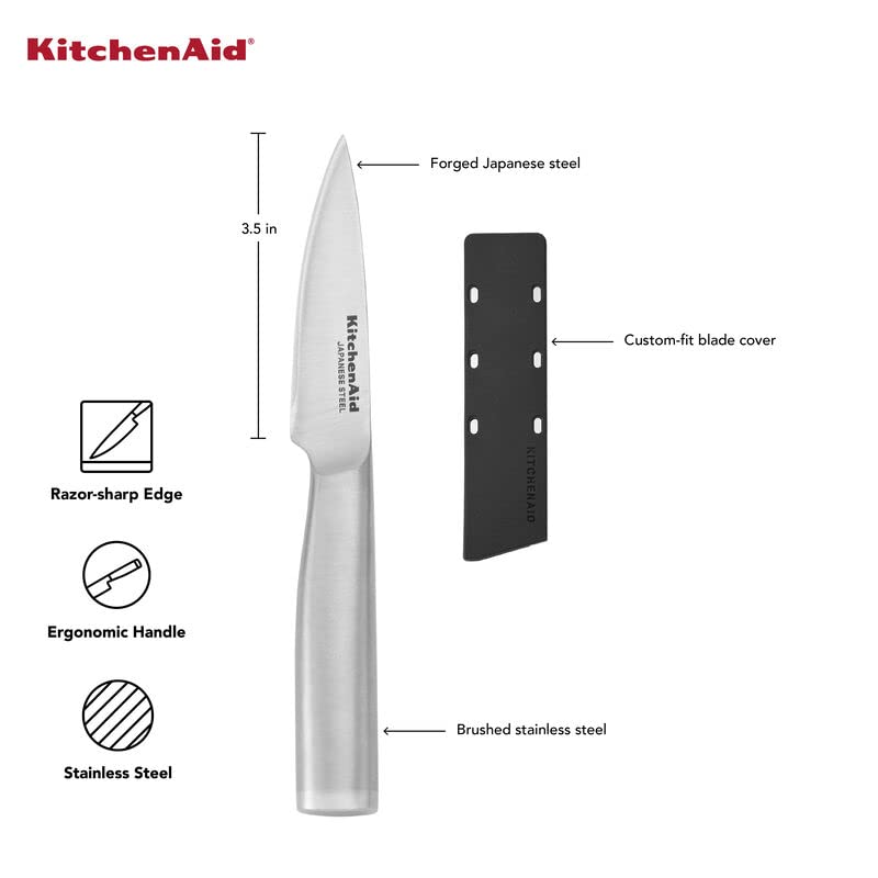 KitchenAid Gourmet Forged Stainless Steel Fine-Edge Paring Knife with Custom-Fit Blade Cover, 3.5-inch, Sharp Kitchen Knife, Japanese Stainless Steel Blade, Black - style: 3.5-Inch Serrated Paring Knife