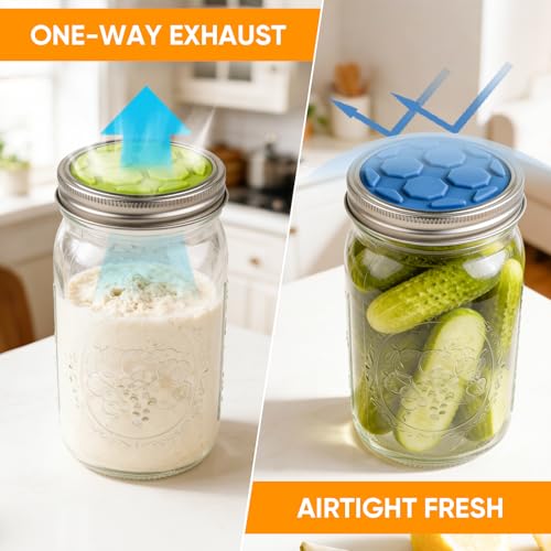 16PCS Silicone Fermentation Lids for Wide Mouth Mason Jars | One-Way Airlock Valve, Self-Burping for Sauerkraut, Sourdough Starter & Probiotics (Patented) - size: 16 PCS