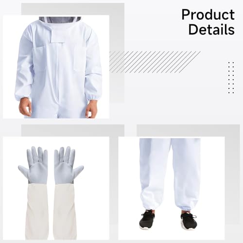 Full Body Protective Beekeeping Suit with Gloves, L Size, White Beekeeper Suit for Men, Ventilated Goat Skin Gloves