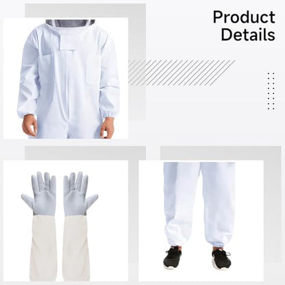 Full Body Protective Beekeeping Suit with Gloves, L Size, White Beekeeper Suit for Men, Ventilated Goat Skin Gloves