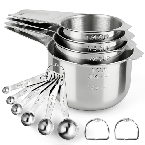 Stainless Steel Measuring Cups and Spoons Set of 10, Nesting Measuring Cup Set - 4 Cups 6 Spoons, Stackable Measure Cup Spoon Set for Dry & Liquid,Dishwasher Safe Kitchen Tools Cooking Baking Supplies