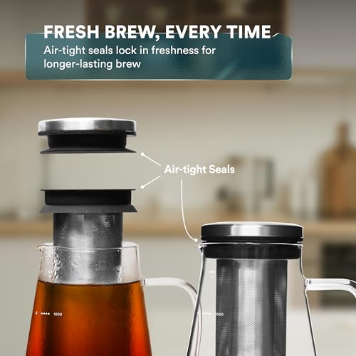 OVALWARE Airtight Cold Brew Iced Coffee Maker Pitcher and Tea Infuser with Spout - 1.0L / 34oz Ovalware RJ3 Brewing Glass Carafe with Removable Stainless Steel Filter - size: 34 Ounces