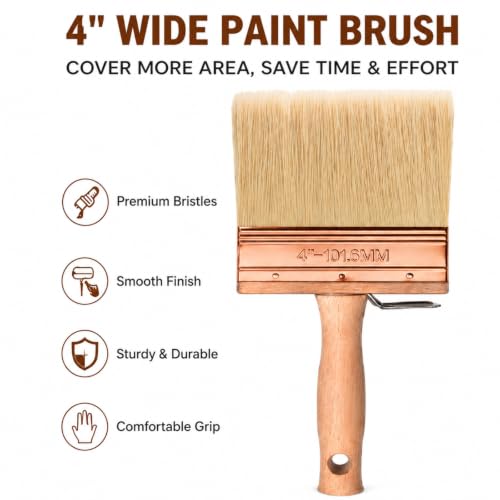 Deck Stain Brush 4", Attachable Paint Brush with Wooden Handle | Ergonomic wooden handle, Soft shed-resistant bristles, Detachable design, Washable & reusable, For furniture refinishing - color: 4 Inch