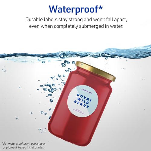 Avery Durable Waterproof Labels, Sure Feed Technology, 2" Diameter, Matte White, Laser/Pigment-Inkjet Printable, 96 Blank Labels, Great for Food Containers, Product Merchandising, and More (5657)