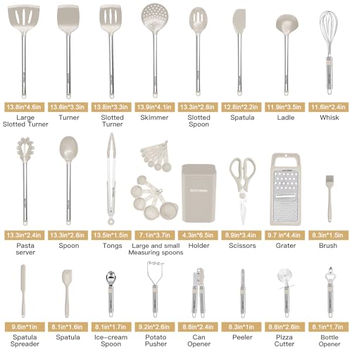 Kitchen Utensil Set-Silicone Cooking Utensils-33 Kitchen Gadgets & Spoons for Nonstick Cookware-Silicone and Stainless Steel Spatula Set-Best Kitchen Tools, Useful Pots (Khaki) - color: Khaki
