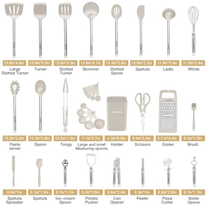 Kitchen Utensil Set-Silicone Cooking Utensils-33 Kitchen Gadgets & Spoons for Nonstick Cookware-Silicone and Stainless Steel Spatula Set-Best Kitchen Tools, Useful Pots (Khaki) - color: Khaki