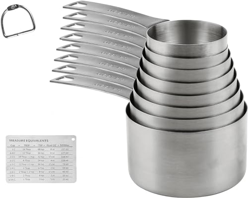 Measuring Cups Set, 18/8 (304) Stainless Steel Measuring Cups Set 9, Metal 8 Measuring Cups with 1 Magnetic Conversion Chart, Metric Measuring Cups with 1/8 & 3/4 Cup for Baking & Kitchen - color: A03: Siliver-Set of 9