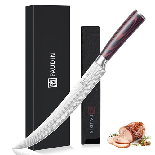 PAUDIN Carving Knife, 10 Inch Butcher Knife, Forged High Carbon German Stainless Steel, Razor Sharp Curved Brisket Slicing Kinfe for Poultry Beef Pork Meat Cutting, Ergonomic wood Handle Design - style: 10" Carving Knife