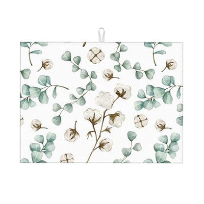 Green Plants Dish Drying Mat for Kitchen Counter Spring Summer Leaves Cotton Plant Microfiber Absorbent Dish Draining Reusable Washable Foldable Extra Large 18"x24" - color: Eucalyptus Leaves Cotton Plant