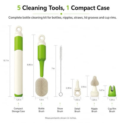 Baby Bottle Brush Set for Baby Bottles, 5 Cleaning Tools with Silicone Bottle and Nipple Brush Heads, Straw Brush, Detail Brush, Cup Rim Cleaner, Integrated Travel Storage, (Green)