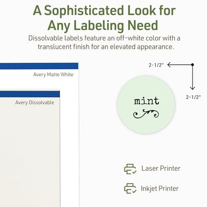 Avery Dissolvable Round Labels, Sure Feed Technology, 2.5" Diameter, Matte White, Print-to-The-Edge, Laser/Inkjet Printable, 90 Labels Total - style: 90 labels