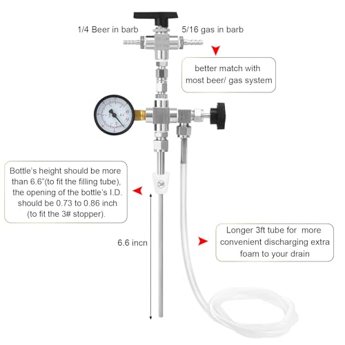 Counter Pressure Bottle Filler Stainless Steel Bottle Filler Counter Pressure Beer Bottling Wand 60psi CO2 Gauge 1/4 & 5/16 Barb Homebrew Beer Bottle Filler Hand Held Bottle Filler 3ft Hose - size: WITH gauge