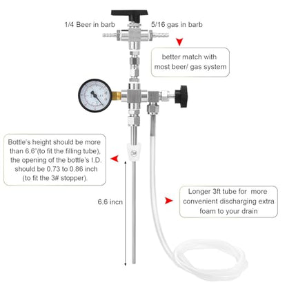 Counter Pressure Bottle Filler Stainless Steel Bottle Filler Counter Pressure Beer Bottling Wand 60psi CO2 Gauge 1/4 & 5/16 Barb Homebrew Beer Bottle Filler Hand Held Bottle Filler 3ft Hose - size: WITH gauge