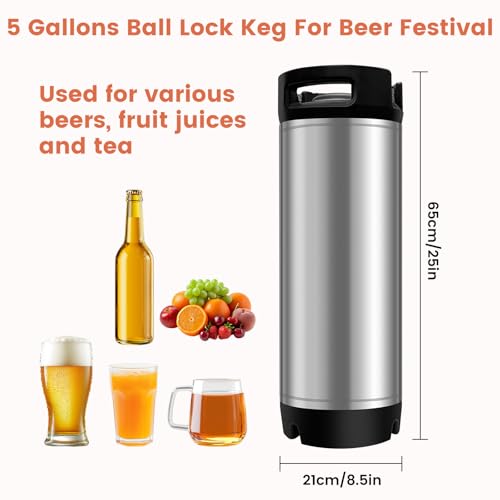 5 Gallon Ball Lock Keg, Stainless Steel Corny Keg with Dual Rubber Handle, Equipment for Craft Beer Dispenser for Home Brew(20L)