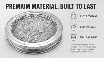 Sprouting Jar Lids WIDE MOUTH Mason Jar Strainer Lid 4 Pack Stainless Steel Strainer Mesh Sprouts Lids for Seed Sprouting Salad Sprouts Broccoli Sprouts Growing Kit