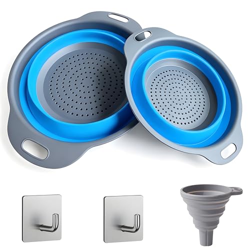 UVB Collapsible Colander Set, Space-Saving Foldable Kitchen Strainer for Pasta, Vegetables & Fruit, Colander for Kitchen with 2 Stainless Steel Hooks & Silicone Funnel – Blue - color: Blue