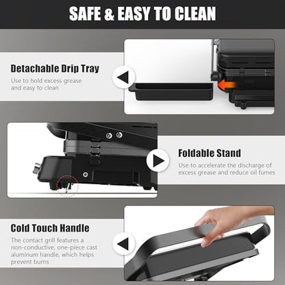 CATTLEMAN Panini Grill Press Sandwich Maker with Removable Plates, 1600W, 5 in 1 Smokeless Indoor Grill & Griddle with Meat Thermometer, PFAS Free Ceramic Nonstick Reversible Plates, Opens Flat - color: Black with Reversible Plates