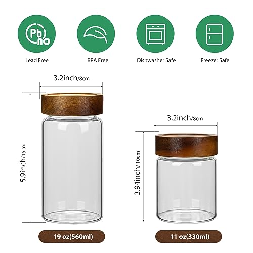 2PCS Small Glass Storage Jars with Airtight Lids, 19.3 fl oz (560ml) coffee container with Wooden Lid, Glass Pantry Canister for Beans, Rice, Sugar and etc - color: clear -（2PCS，19.3FL OZ/560ML）