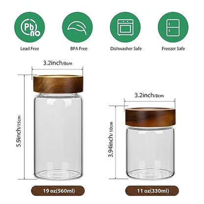 2PCS Small Glass Storage Jars with Airtight Lids, 19.3 fl oz (560ml) coffee container with Wooden Lid, Glass Pantry Canister for Beans, Rice, Sugar and etc - color: clear -（2PCS，19.3FL OZ/560ML）