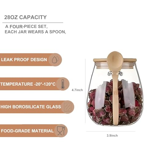 Airtight glass jar storage container with bamboo lid Set of 4, wide mouth, leak-proof, With a spoon, can be used for coffee beans, tea leaves, grains, dried fruits, etc (Middle*4pcs) - color: Middle*4pcs