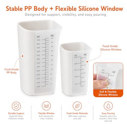 Silicone Measuring Cup Set, 1 Cup & 3 Cup Flexible Liquid Measuring Cups with Spout, BPA Free Silicone + PP Hybrid Design, Clear Cup & ml Markings for Cooking, Baking and Kitchen Use