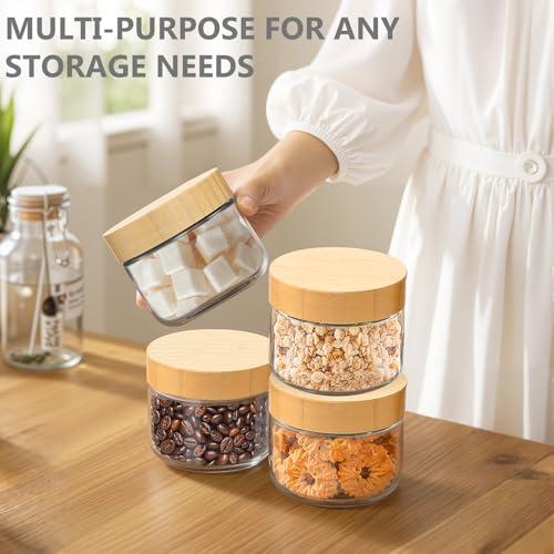 TBWIND 4 Pack 10oz Glass Jars with Bamboo Lids, Spoons, Airtight Overnight Oats Containers, Wide Mouth Mason Jars, Food Storage Container for Yogurt Salad Snacks Spice Sugar Meal Prep – Reusable - color: 10oz-Natural Lids-4 Spoon