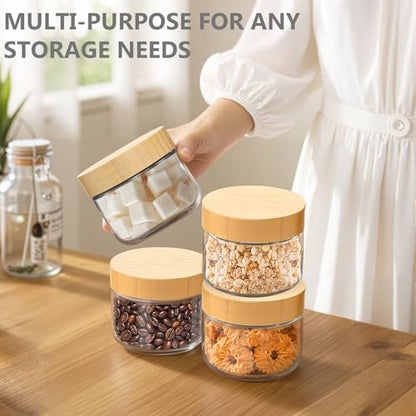 TBWIND 4 Pack 10oz Glass Jars with Bamboo Lids, Spoons, Airtight Overnight Oats Containers, Wide Mouth Mason Jars, Food Storage Container for Yogurt Salad Snacks Spice Sugar Meal Prep – Reusable - color: 10oz-Natural Lids-4 Spoon