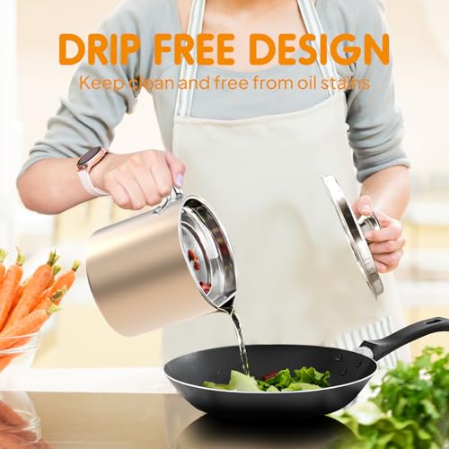 Chihee Grease Container Stainless Steel 2L / 67.6 fl oz Fine Mesh Strainer | Easy to Clean Large Spout Bacon Grease Saver Cooking Oil Keeper Stoarge Can with Dust-proof Lid Non-slip Tray Kitchen Frying - color: Champagne Gold(2L)
