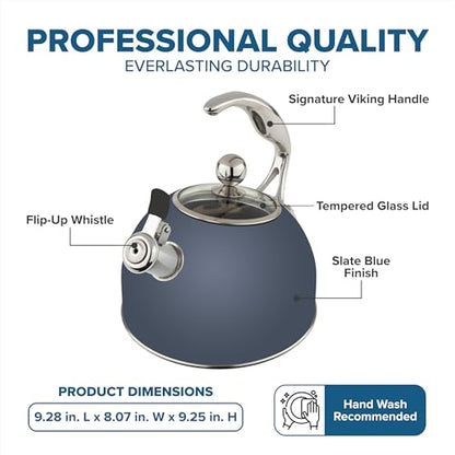 Viking 3-Ply Stainless Steel Tea Kettle, 2.6 Quart Stovetop Hot Water Pot with Tempered Glass Lid, Ergonomic Handle, Induction Ready, Slate and Blue - color: Slate Blue