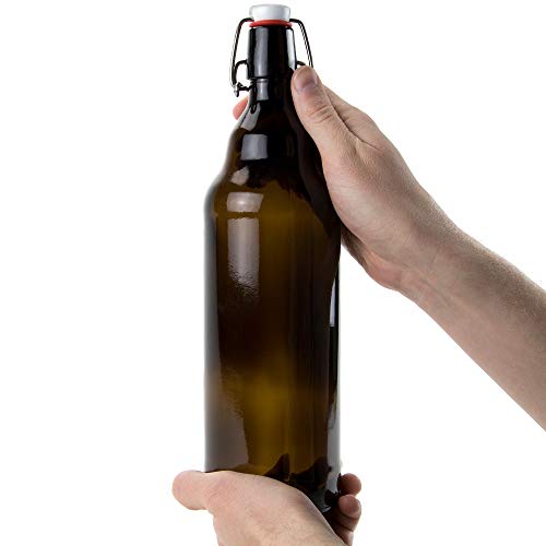 Glass Grolsch Beer Bottles, Quart Size - 33 oz Dark Amber Single - Airtight Seal with Swing Top/Flip Top Stoppers - Supplies for Home Brewing Fermenting of Alcohol, Kombucha Tea, Wine, Homemade Soda