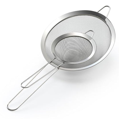 Luckyiren Fine Mesh Sieve Strainer Set, Stainless Steel, 6.3 and 3.94 Inch, with Grip Handles for Kitchen, Food Sifting, Noodles, Rice - size: 6.3 in +3.94 in