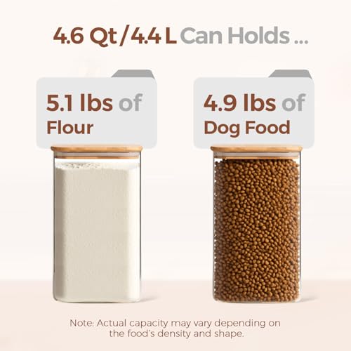 ComSaf 4.6Qt Glass Food Storage Containers, 1.2 Gallon Glass Flour and Sugar Containers with Airtight Lids, Large Square Jars with Bamboo Lids for Rice, Pasta, Oats, Grains, Cookies, Coffee Beans - color: 4.6Qt-Square